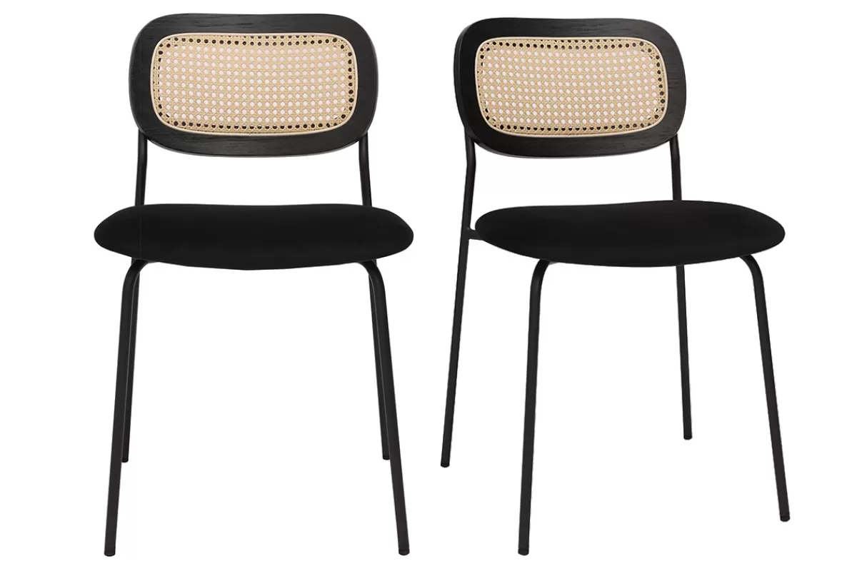Miliboo Sillas Modernas-Sillas de diseño de terciopelo negro, metal negro y caña de ratán (juego de 2) MIRANDA