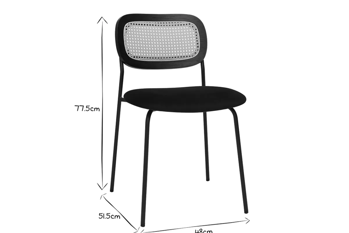 Miliboo Sillas Modernas-Sillas de diseño de terciopelo negro, metal negro y caña de ratán (juego de 2) MIRANDA