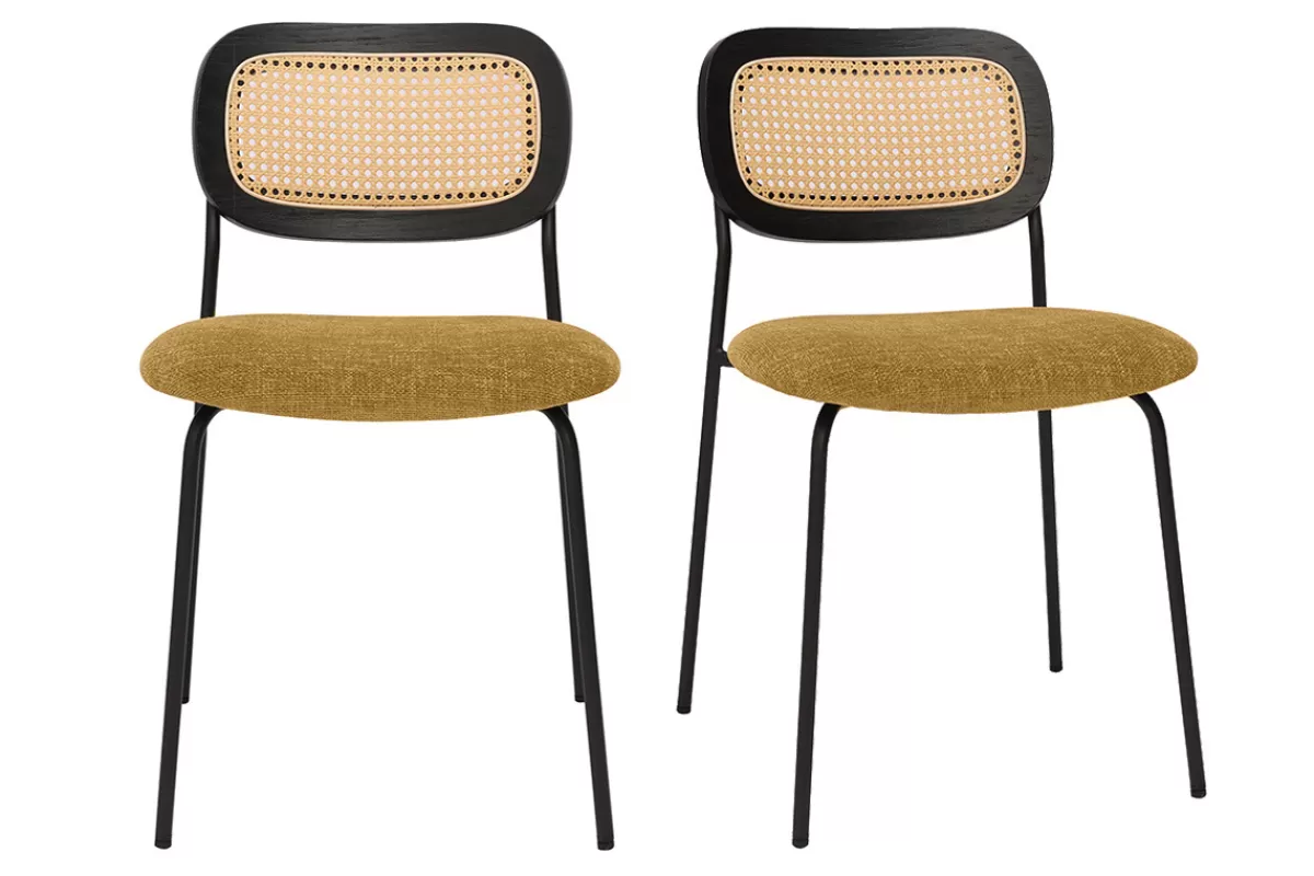 Miliboo Sillas Modernas-Sillas de diseño de terciopelo texturizado bronce, metal negro y mimbre (juego de 2) MIRANDA