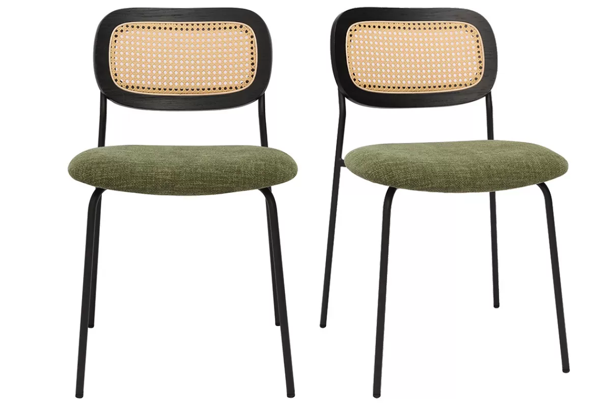 Miliboo Sillas Modernas-Sillas de diseño de terciopelo texturizado verde caqui, metal negro y rejilla de ratán (juego de 2) MIRANDA