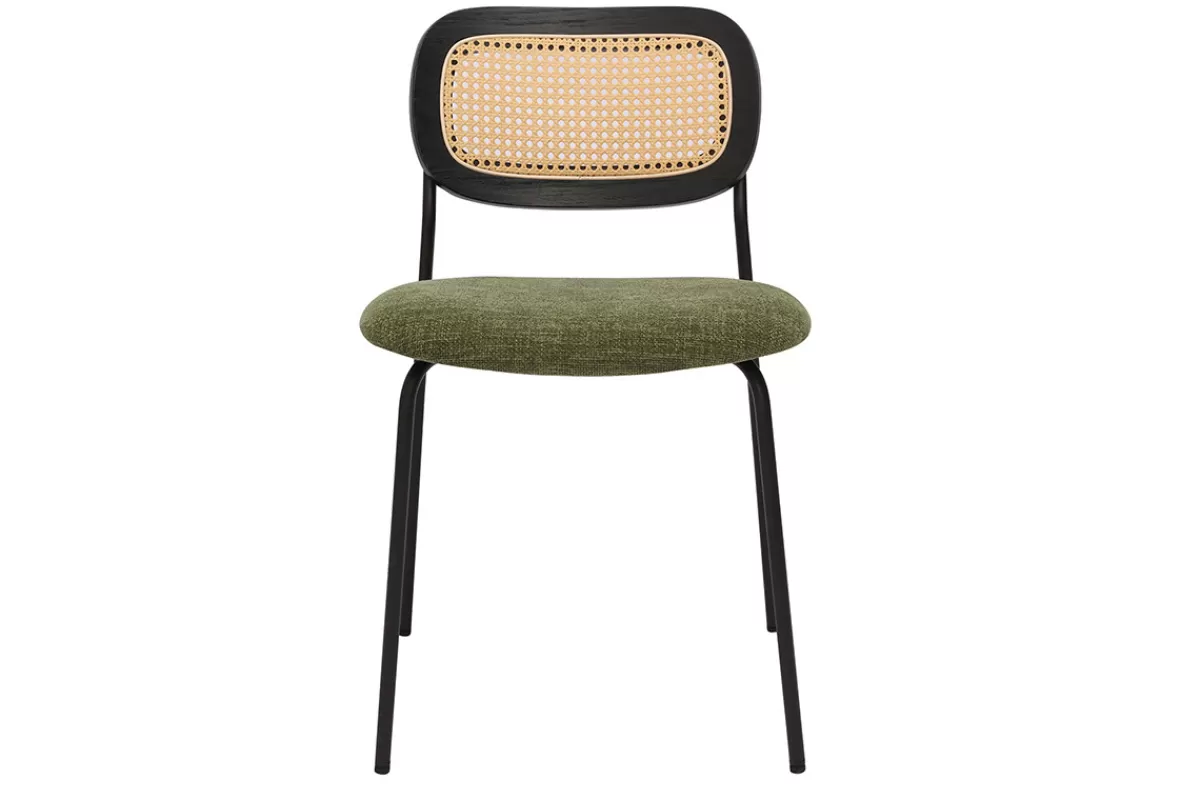 Miliboo Sillas Modernas-Sillas de diseño de terciopelo texturizado verde caqui, metal negro y rejilla de ratán (juego de 2) MIRANDA