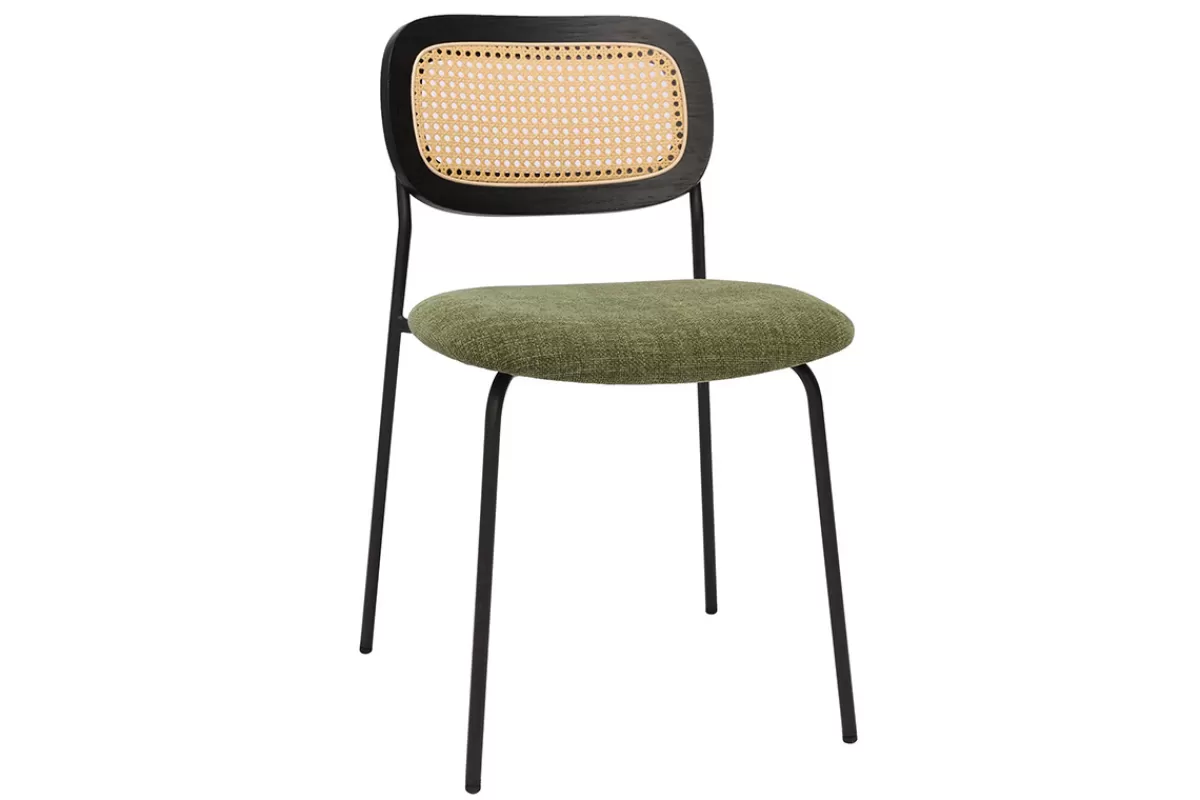 Miliboo Sillas Modernas-Sillas de diseño de terciopelo texturizado verde caqui, metal negro y rejilla de ratán (juego de 2) MIRANDA