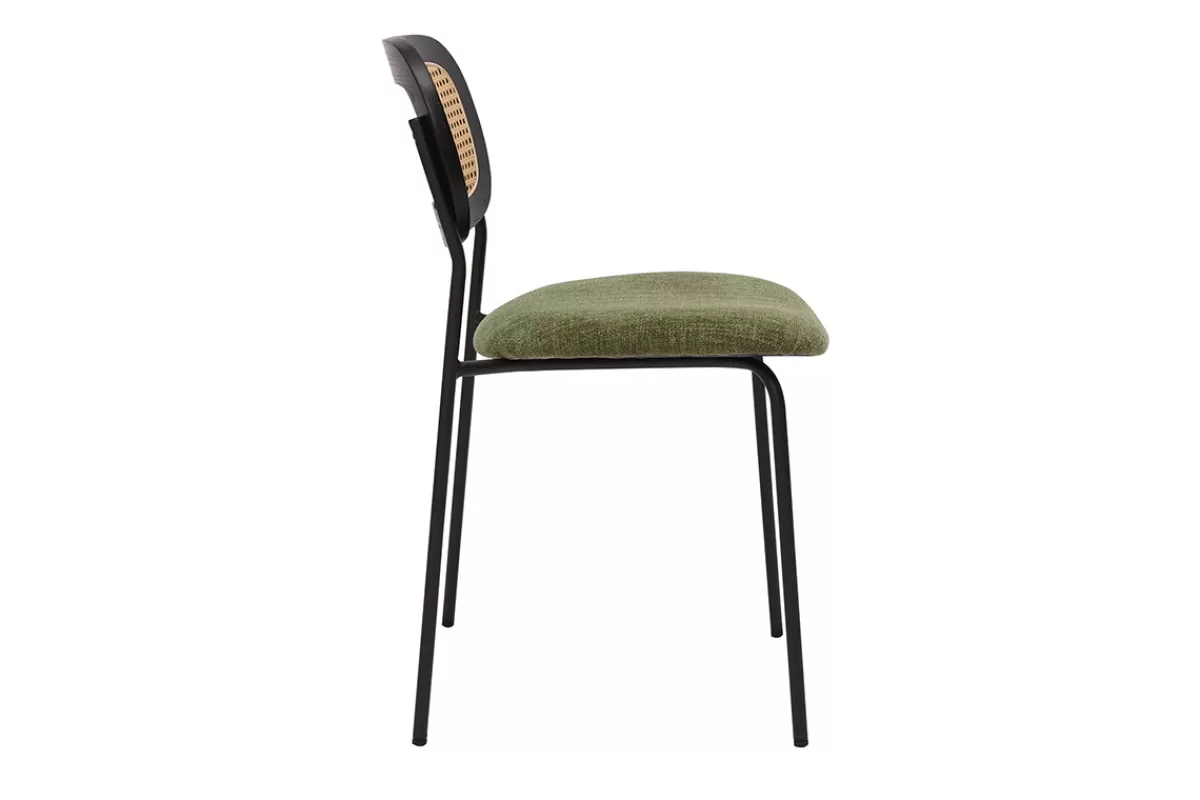 Miliboo Sillas Modernas-Sillas de diseño de terciopelo texturizado verde caqui, metal negro y rejilla de ratán (juego de 2) MIRANDA