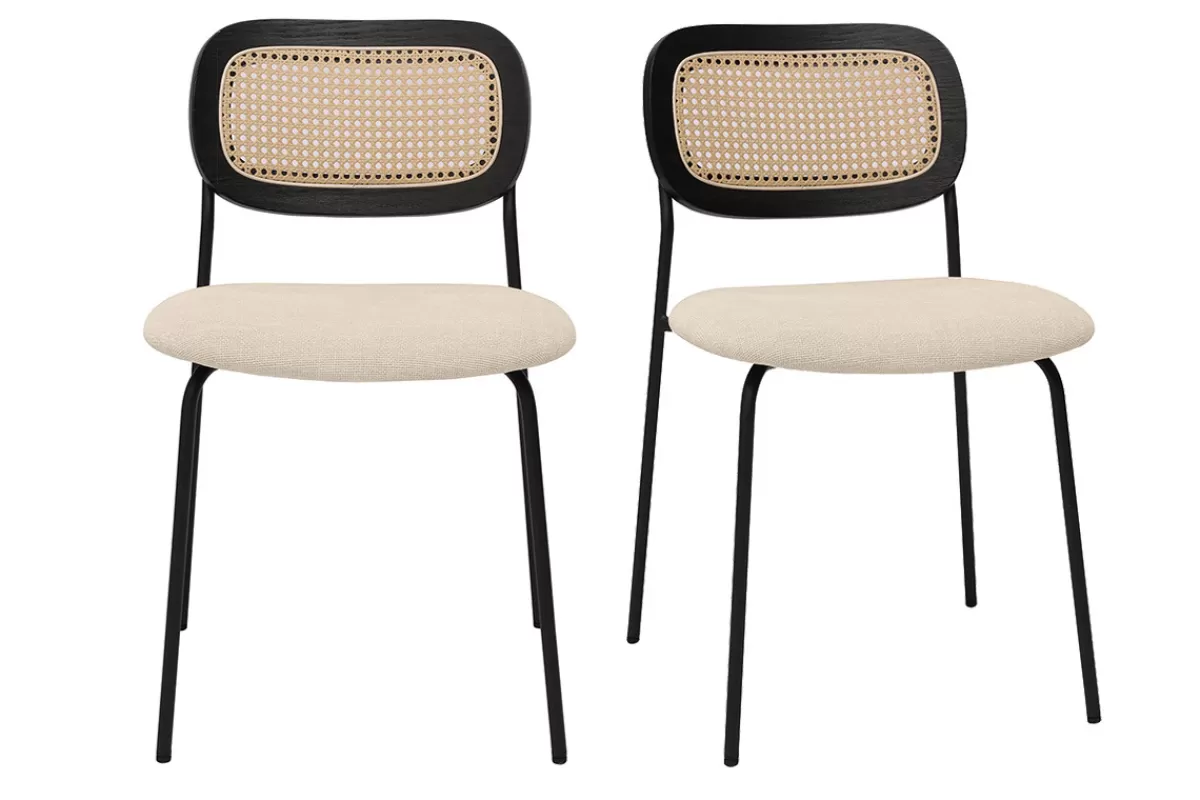 Miliboo Sillas Modernas-Sillas de diseño en tela efecto terciopelo texturizado beige, metal negro y rejilla de ratán (juego de 2) MIRANDA