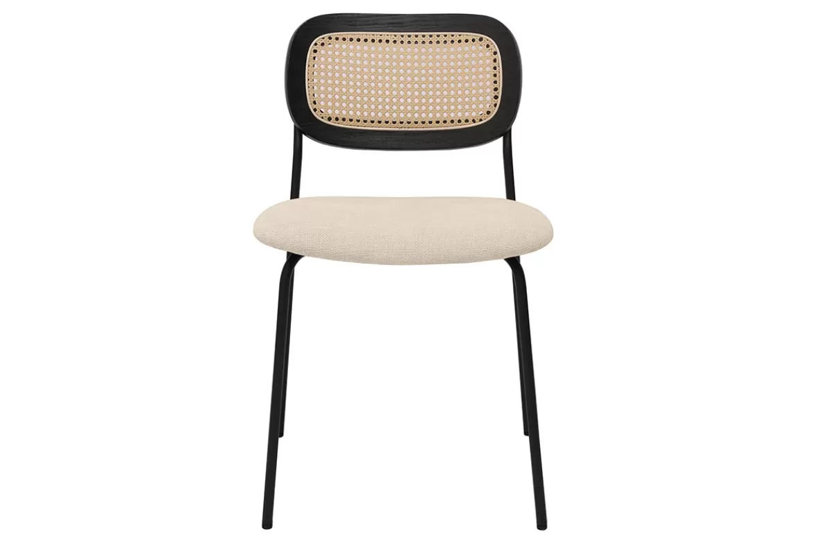 Miliboo Sillas Modernas-Sillas de diseño en tela efecto terciopelo texturizado beige, metal negro y rejilla de ratán (juego de 2) MIRANDA