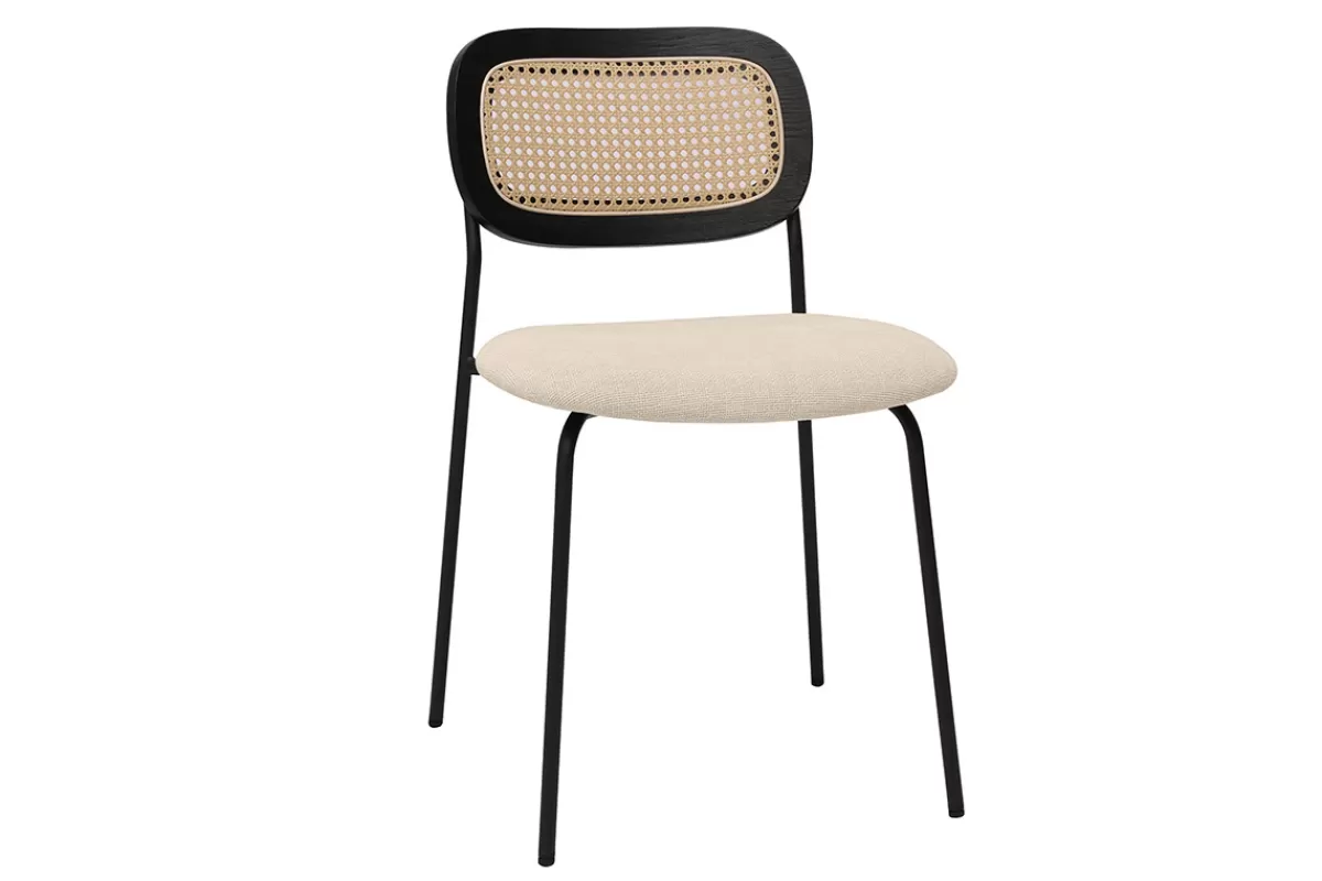 Miliboo Sillas Modernas-Sillas de diseño en tela efecto terciopelo texturizado beige, metal negro y rejilla de ratán (juego de 2) MIRANDA