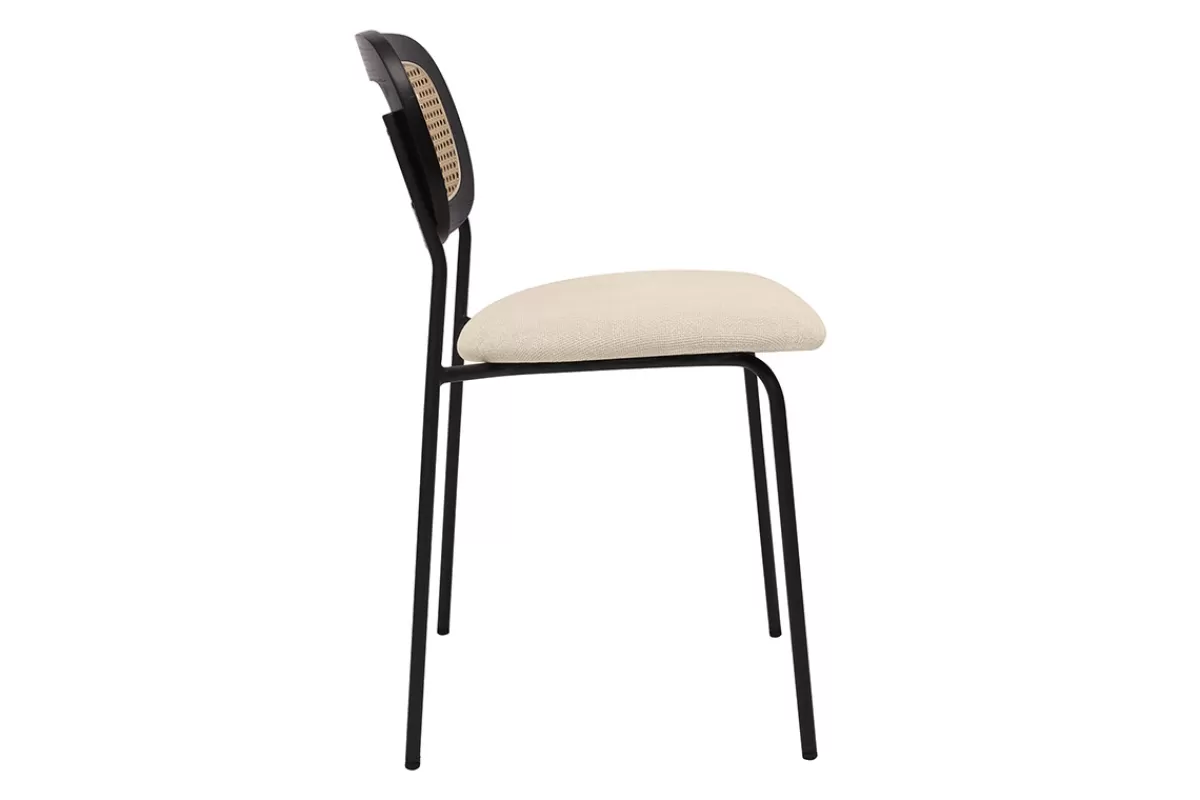 Miliboo Sillas Modernas-Sillas de diseño en tela efecto terciopelo texturizado beige, metal negro y rejilla de ratán (juego de 2) MIRANDA