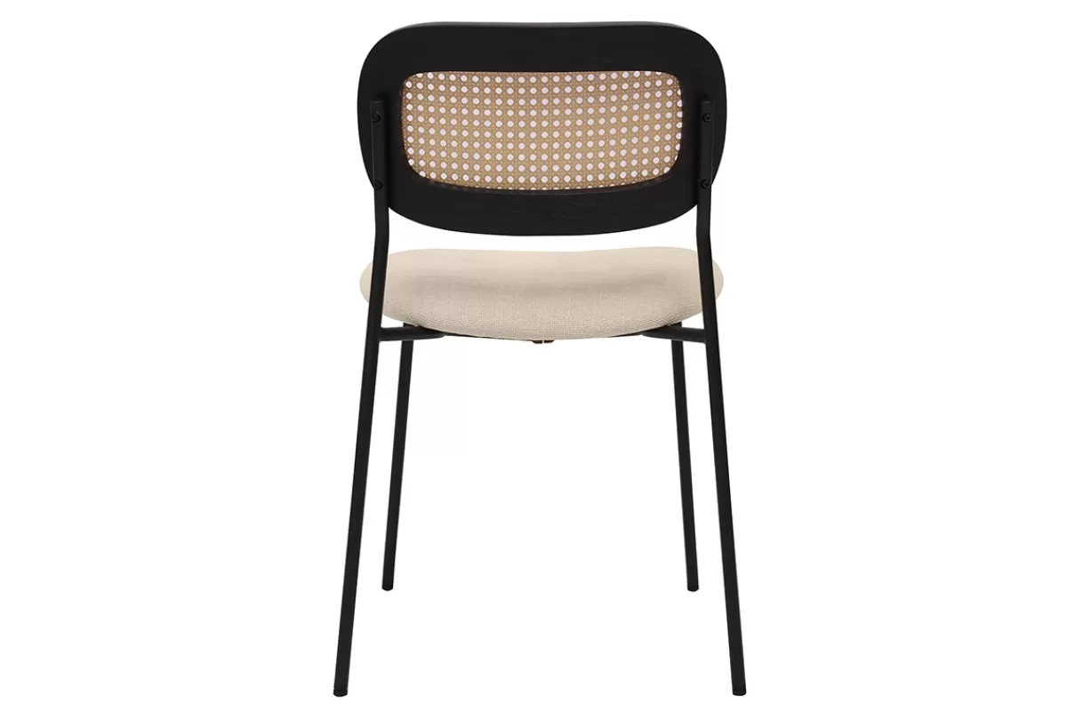 Miliboo Sillas Modernas-Sillas de diseño en tela efecto terciopelo texturizado beige, metal negro y rejilla de ratán (juego de 2) MIRANDA