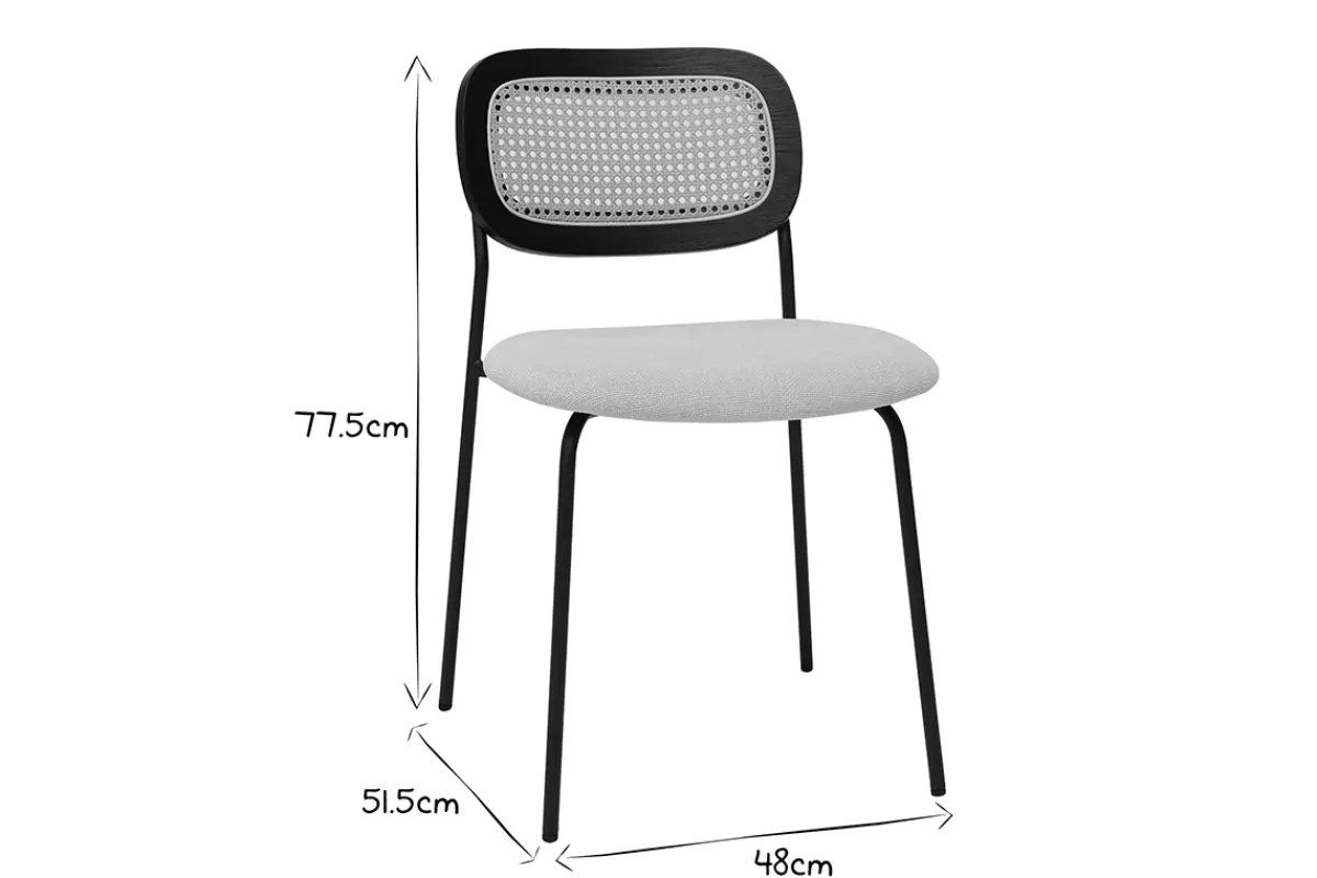 Miliboo Sillas Modernas-Sillas de diseño en tela efecto terciopelo texturizado beige, metal negro y rejilla de ratán (juego de 2) MIRANDA