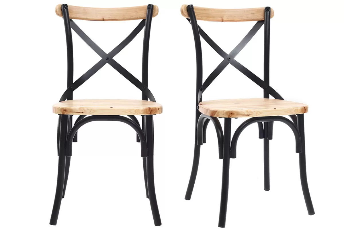 Miliboo Sillas Modernas | Sillas De Madera-Sillas industriales en metal negro y madera (lote de 2) JAKE