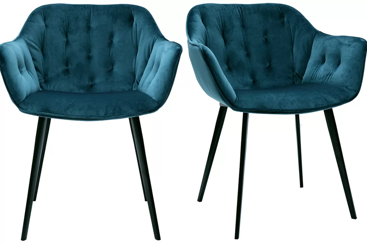 Miliboo Sillas Modernas-Sillas modernas en terciopelo azul petróleo y patas metal negro (lote de 2) BURTON
