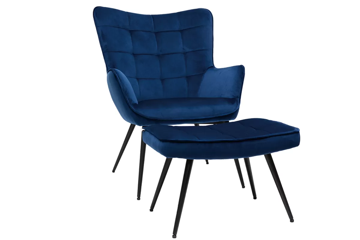 Miliboo Sillones | Sillón-Sillón con reposapiés terciopelo azul MOOD