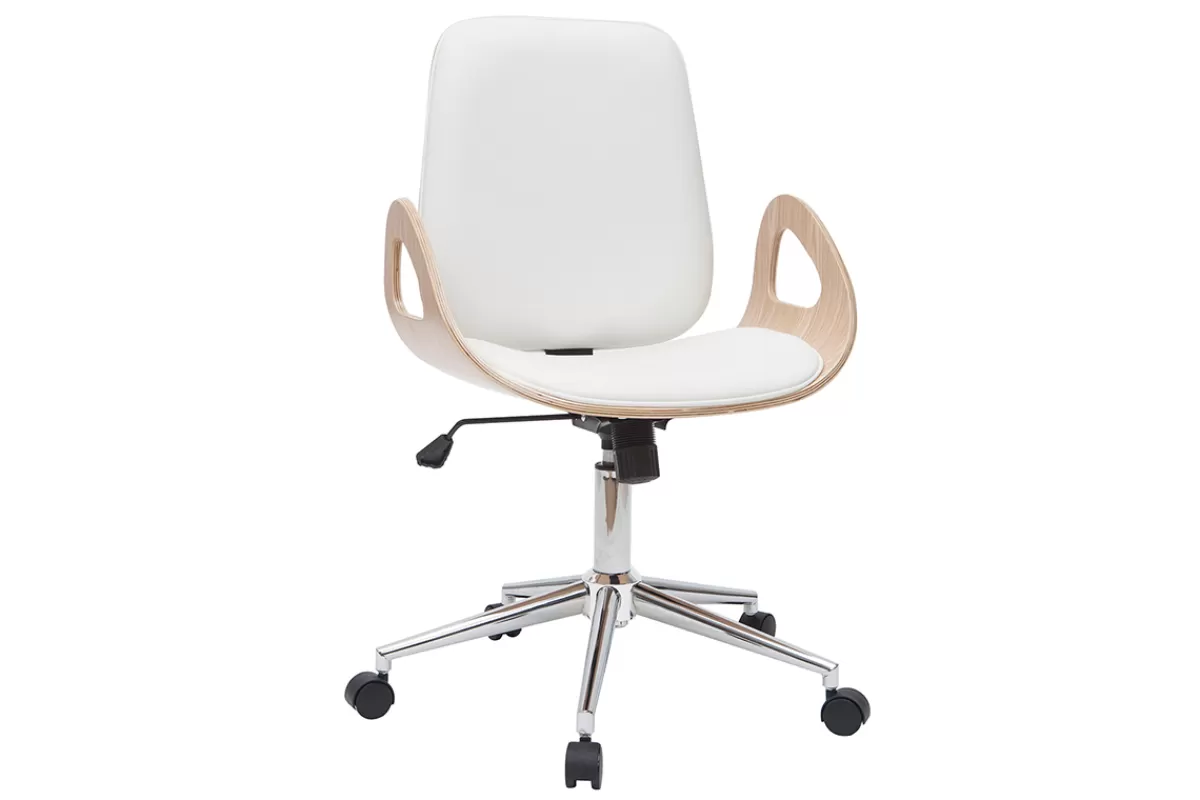 Miliboo Silla De Oficina | Sillón De Oficina A Precios Bajos-Sillón de escritorio blanco y madera clara GLORY