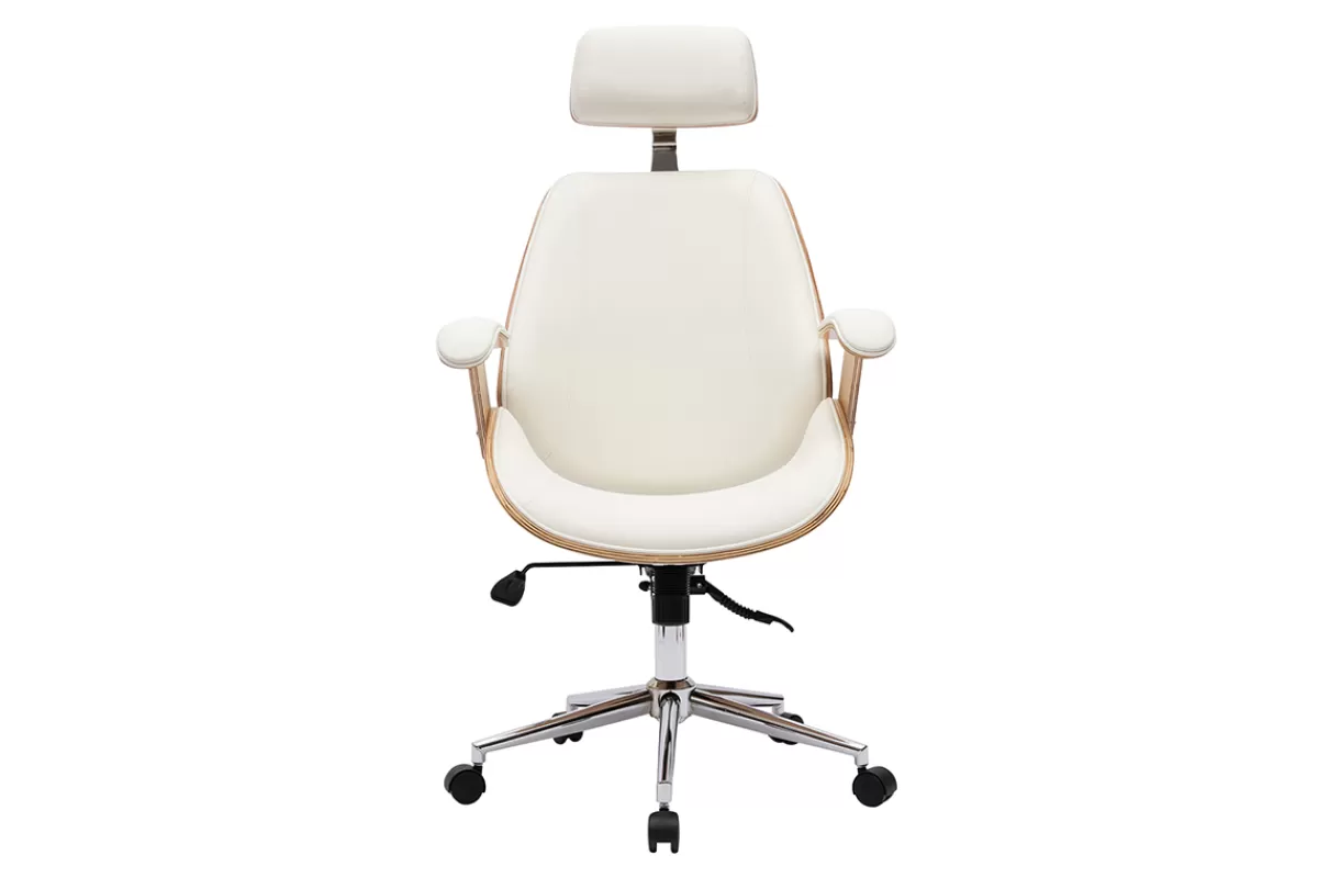 Miliboo Silla De Oficina | Sillón De Oficina Ergonómico-Sillón de oficina de dirección de diseño blanco, madera clara y acero cromado MUSK