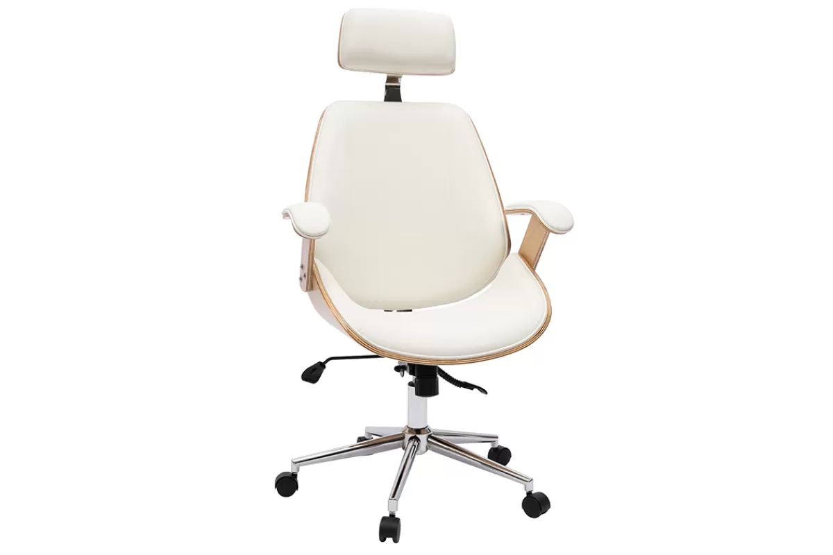 Miliboo Silla De Oficina | Sillón De Oficina Ergonómico-Sillón de oficina de dirección de diseño blanco, madera clara y acero cromado MUSK