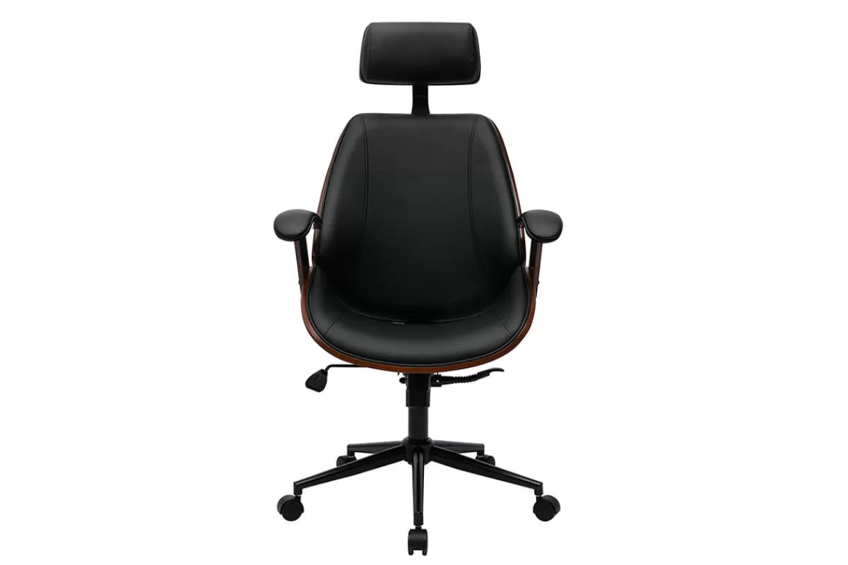 Miliboo Silla De Oficina | Sillón De Oficina Ergonómico-Sillón de oficina de dirección de diseño negro, madera oscura y metal negro MUSK
