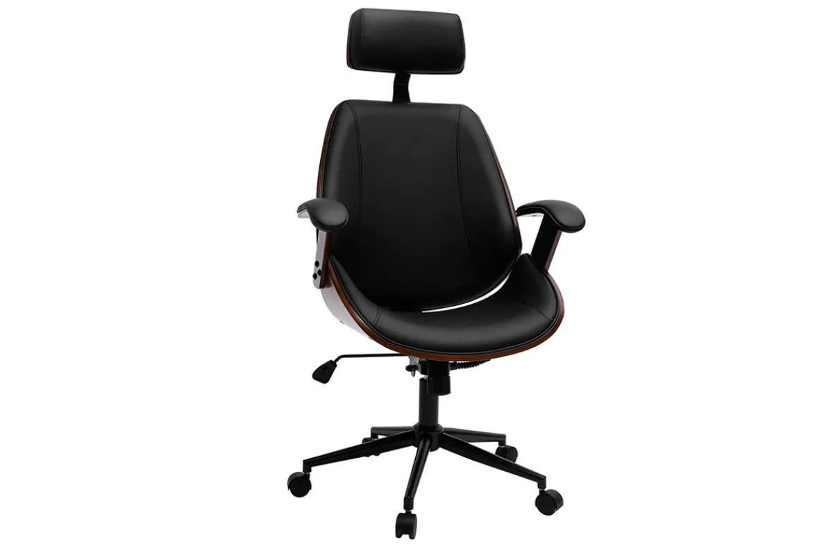 Miliboo Silla De Oficina | Sillón De Oficina Ergonómico-Sillón de oficina de dirección de diseño negro, madera oscura y metal negro MUSK