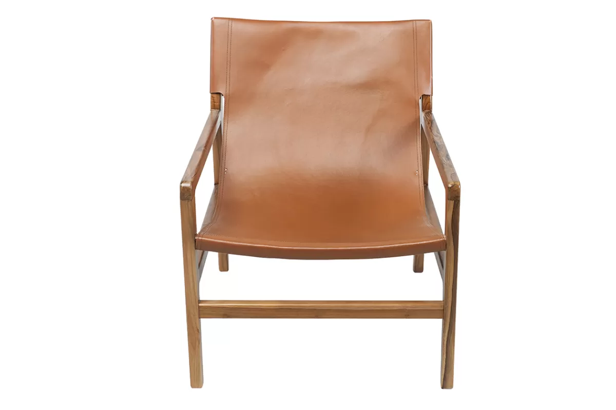 Miliboo Sillones | Sillón-Sillón de teca y cuero marrón claro CHILLY