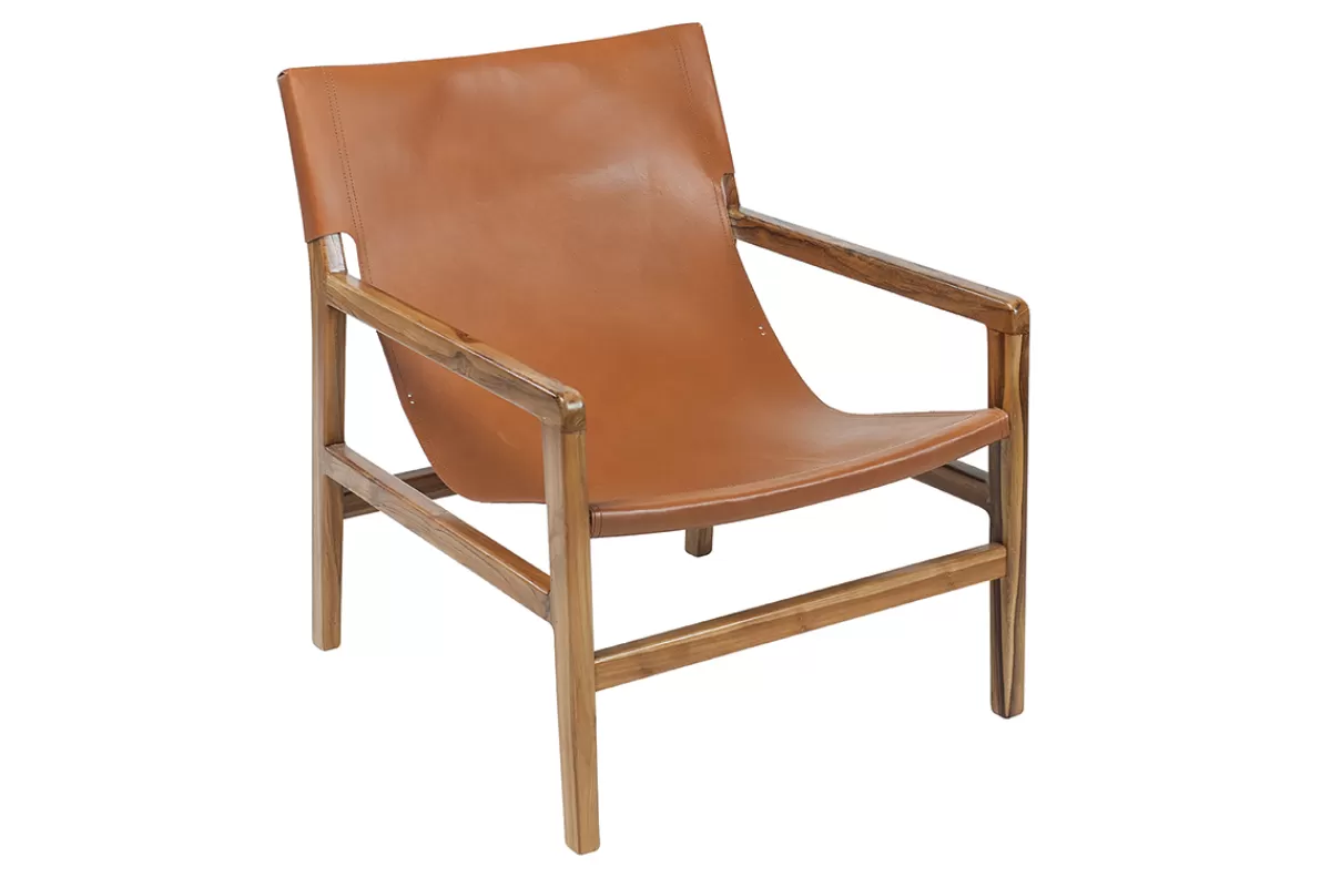 Miliboo Sillones | Sillón-Sillón de teca y cuero marrón claro CHILLY