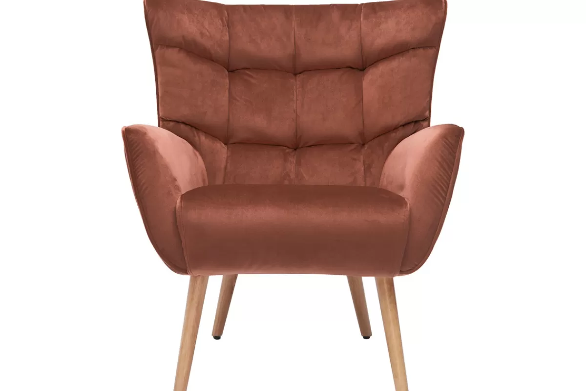Miliboo Sillones | Sillón-Sillón de terciopelo rojo y madera maciza de caucho AVERY