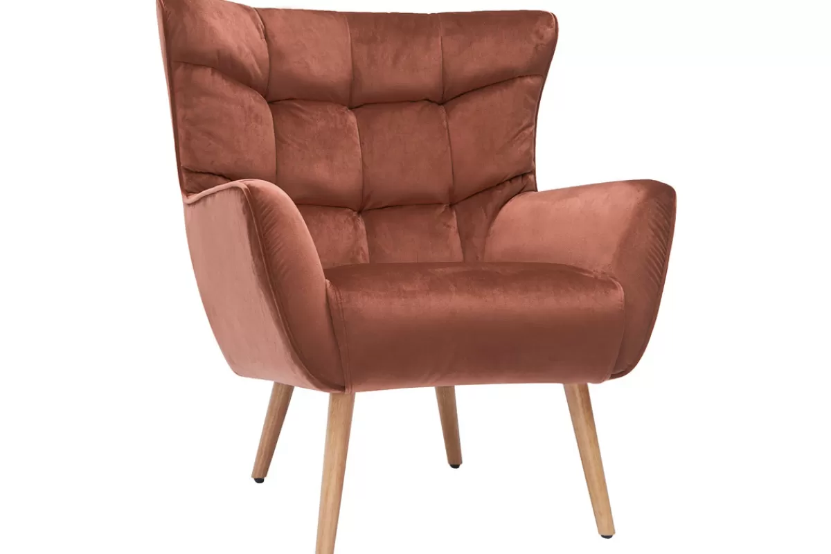 Miliboo Sillones | Sillón-Sillón de terciopelo rojo y madera maciza de caucho AVERY