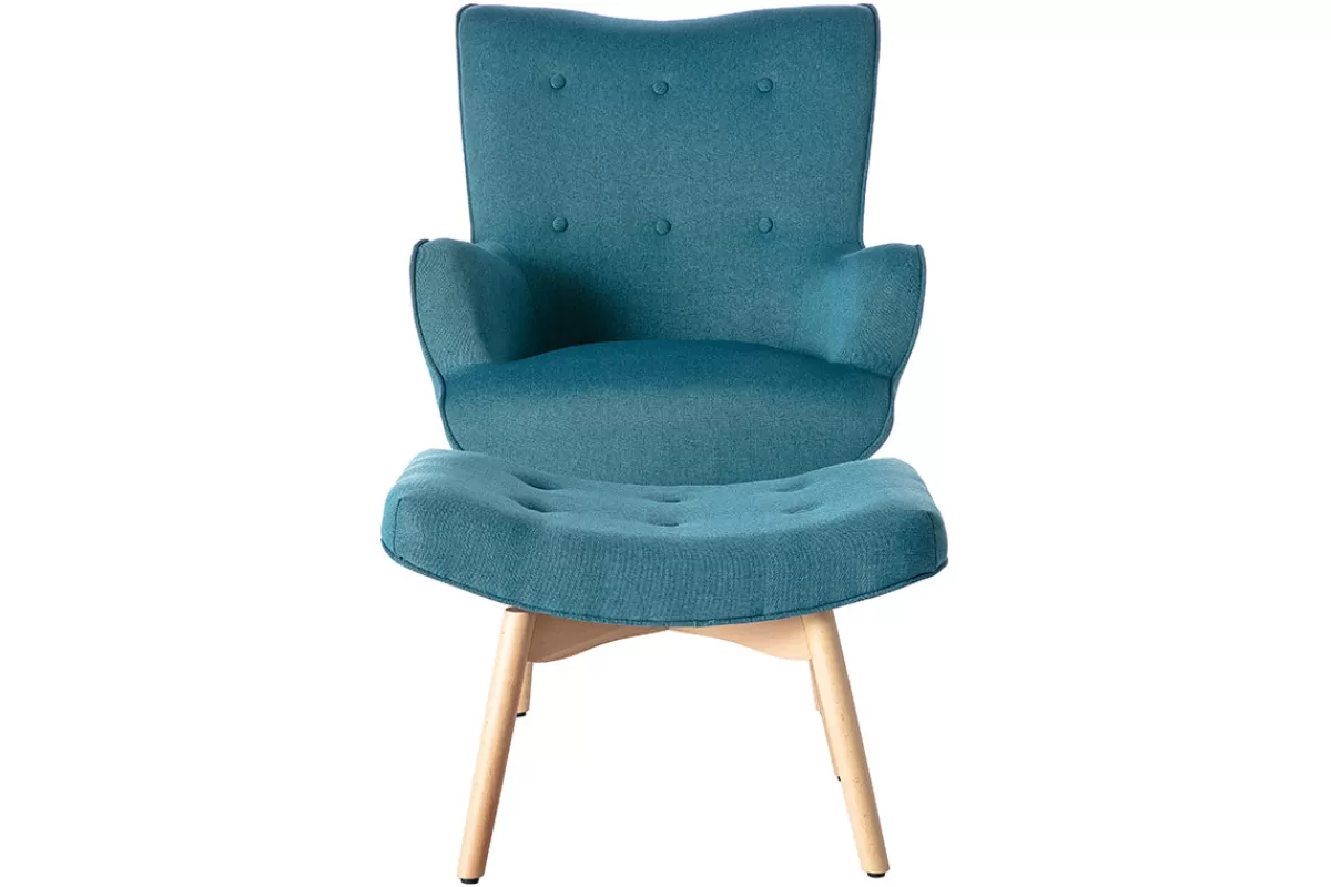 Miliboo Sillones | Sillón-Sillón diseño escandinavo y reposapiés azul petróleo y madera clara BRISTOL