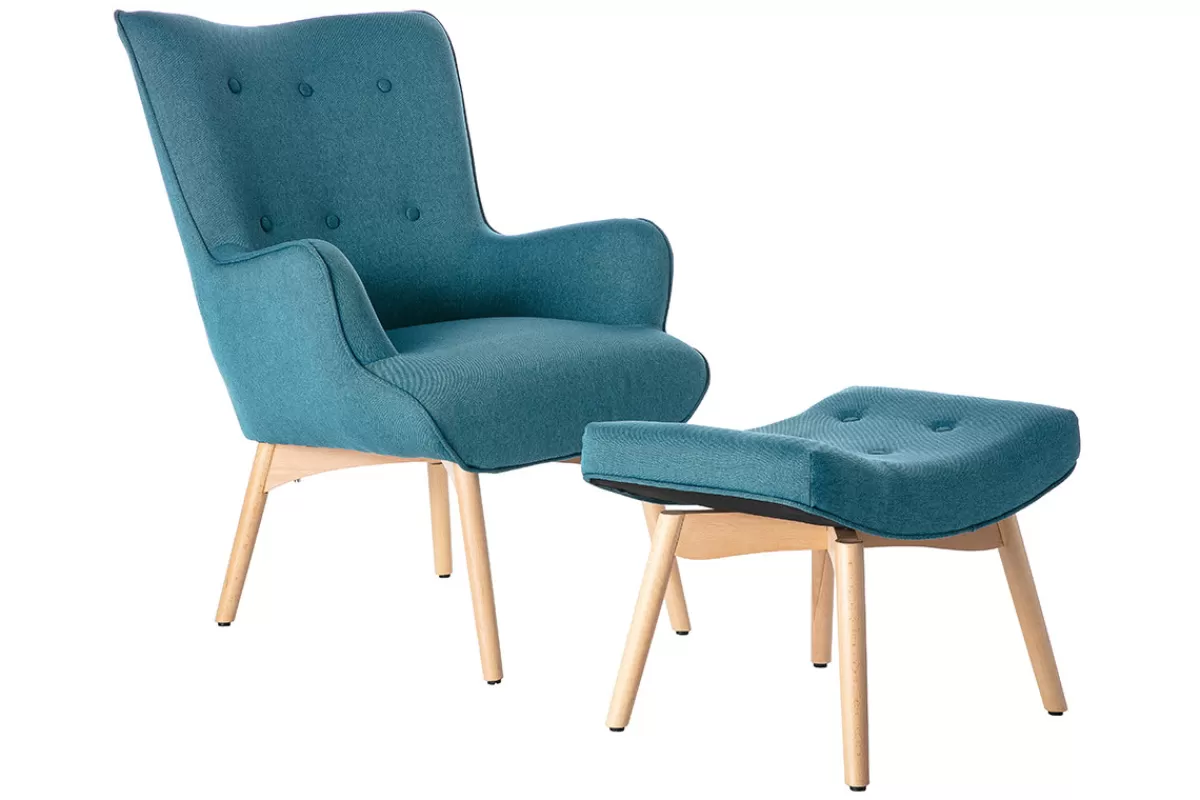 Miliboo Sillones | Sillón-Sillón diseño escandinavo y reposapiés azul petróleo y madera clara BRISTOL
