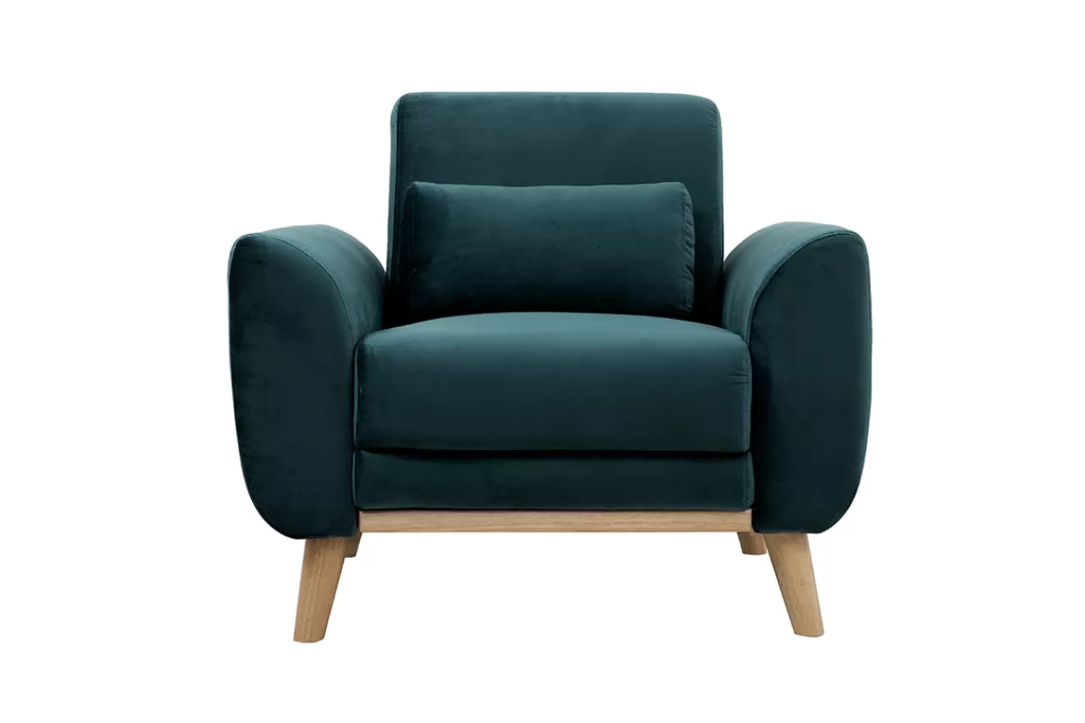 Miliboo Sillones | Sillón-Sillón diseño tejido efecto terciopelo azul petróleo y patas roble EKTOR