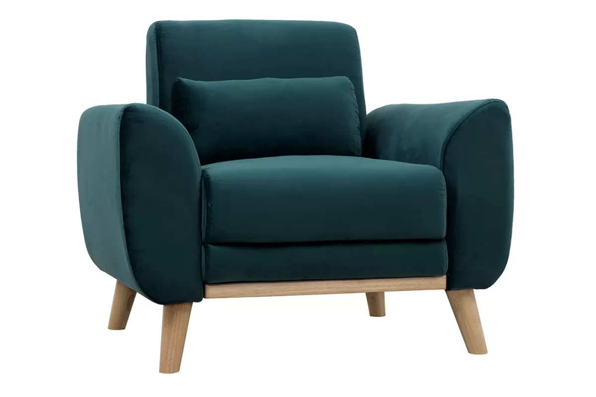 Miliboo Sillones | Sillón-Sillón diseño tejido efecto terciopelo azul petróleo y patas roble EKTOR