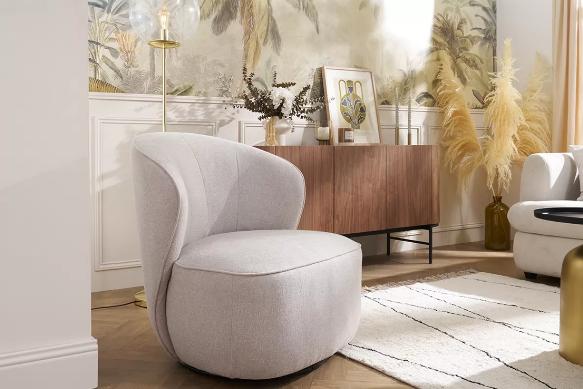 Miliboo Sillones | Sillón-Sillón moderno giratorio de tejido efecto aterciopelado texturizado beige AMBER
