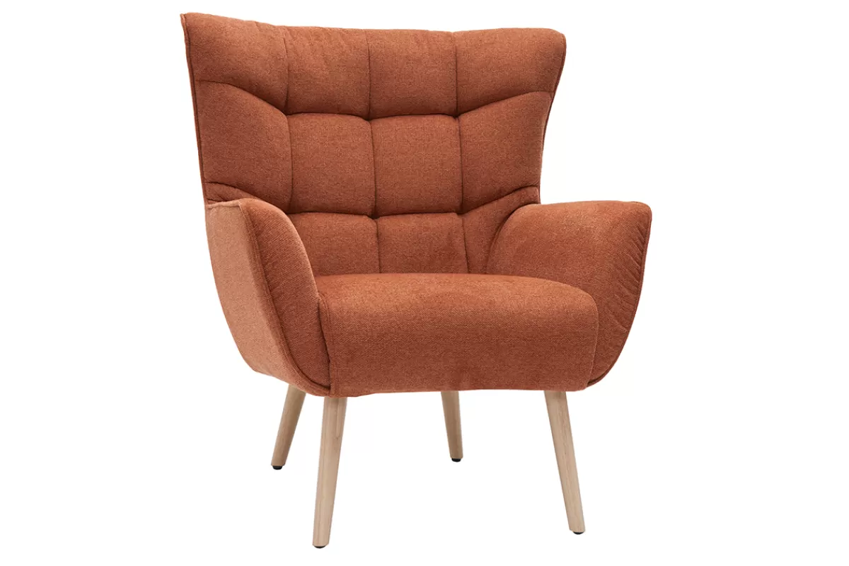 Miliboo Sillones | Sillón-Sillón nórdico con tejido efecto aterciopelado texturizado terracota y madera de caucho maciza AVERY