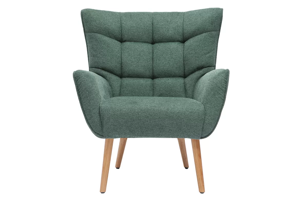 Miliboo Sillones | Sillón-Sillón nórdico con tejido efecto aterciopelado texturizado verde oscuro y madera de caucho maciza AVERY