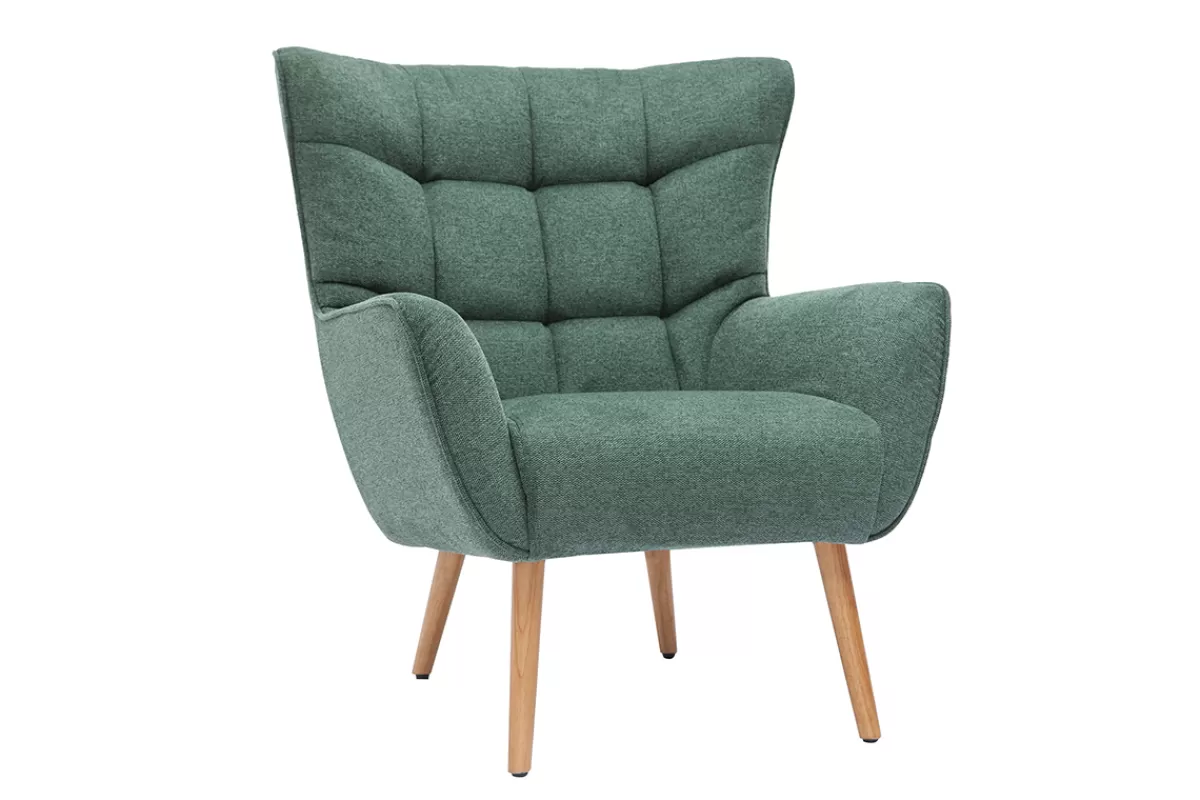 Miliboo Sillones | Sillón-Sillón nórdico con tejido efecto aterciopelado texturizado verde oscuro y madera de caucho maciza AVERY