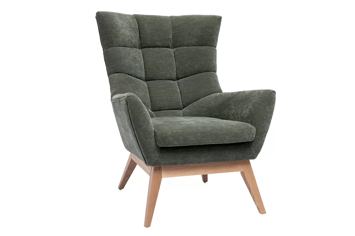 Miliboo Sillones | Sillón-Sillón nórdico de efecto aterciopelado caqui y madera BRODY