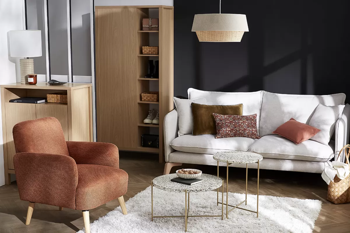 Miliboo Sillones | Sillón-Sillón nórdico de tela azul petróleo y madera clara ISKO