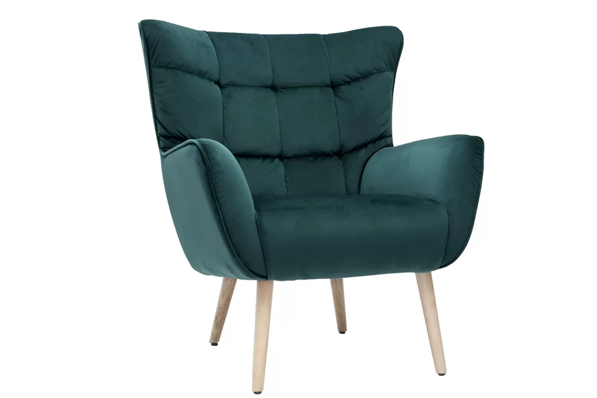 Miliboo Sillones | Sillón-Sillón nórdico efecto terciopelo azul petróleo y madera AVERY