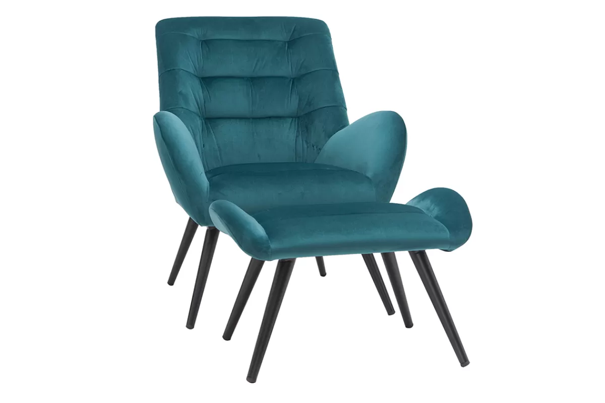 Miliboo Sillones | Sillón-Sillón y reposapiés moderno en terciopelo azul petróleo ZOE