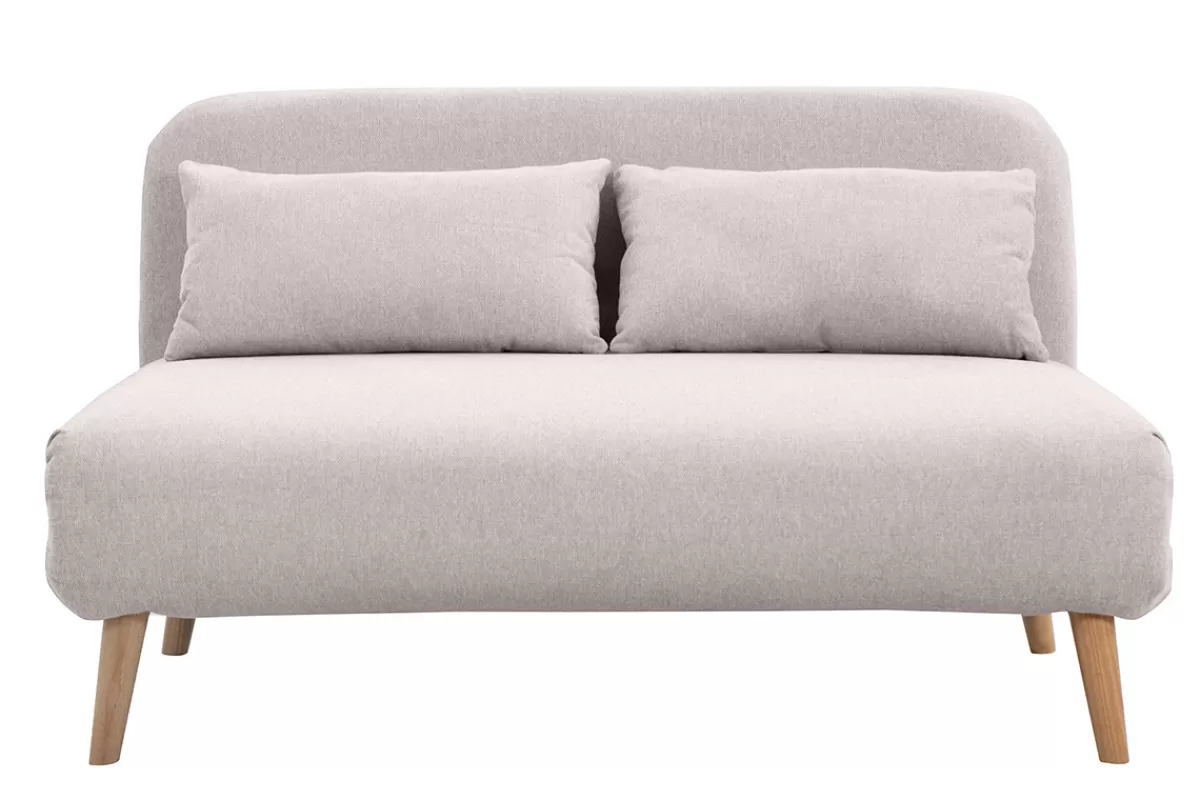 Miliboo Sofá Cama | Sillones Cama-Sillón-cama convertible de 2 plazas en tejido de terciopelo beige texturizado y madera clara AMIKO