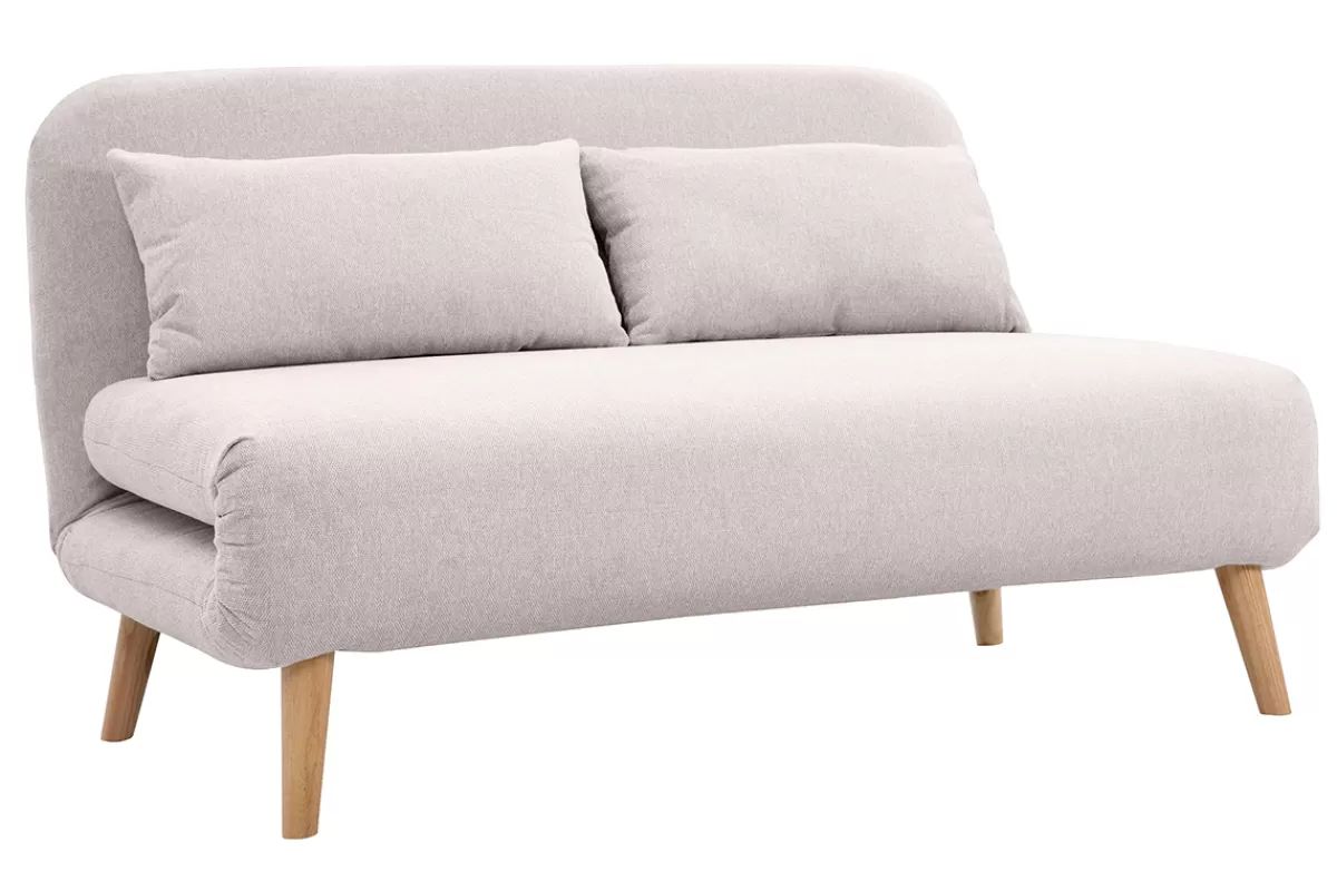 Miliboo Sofá Cama | Sillones Cama-Sillón-cama convertible de 2 plazas en tejido de terciopelo beige texturizado y madera clara AMIKO