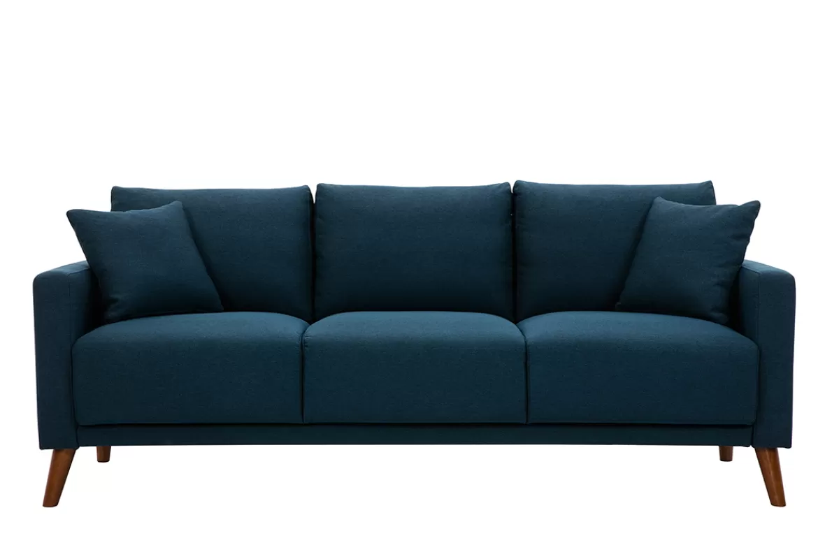 Miliboo Sofá De Diseño-Sofá 3-4 plazas de tejido azul oscuro y madera oscura MUNIK