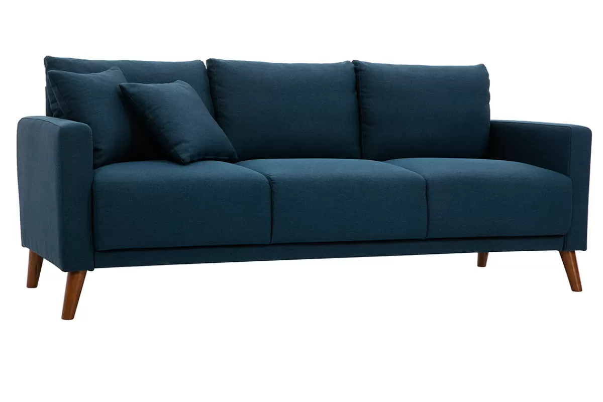 Miliboo Sofá De Diseño-Sofá 3-4 plazas de tejido azul oscuro y madera oscura MUNIK