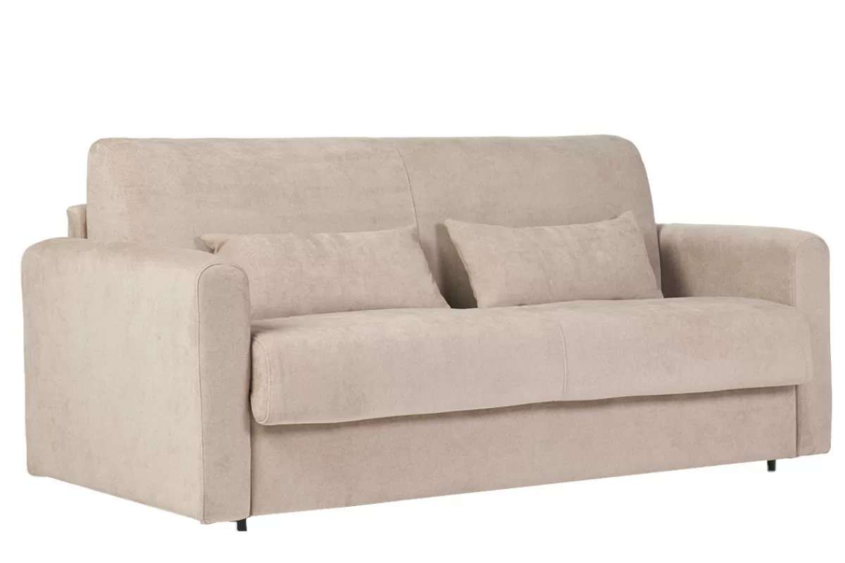 Miliboo Sofá Cama-Sofá cama 3 plazas de tela efecto aterciopelado beige con colchón de 13 cm LETTO