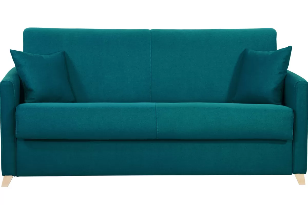 Miliboo Sofá Cama-Sofá cama 3 plazas nórdico azul petróleo y madera clara con colchón de 18 cm SKANDY