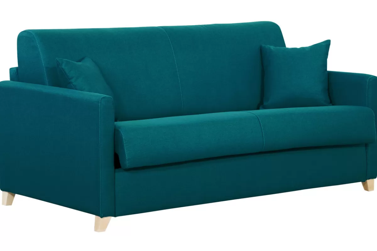 Miliboo Sofá Cama-Sofá cama 3 plazas nórdico azul petróleo y madera clara con colchón de 18 cm SKANDY