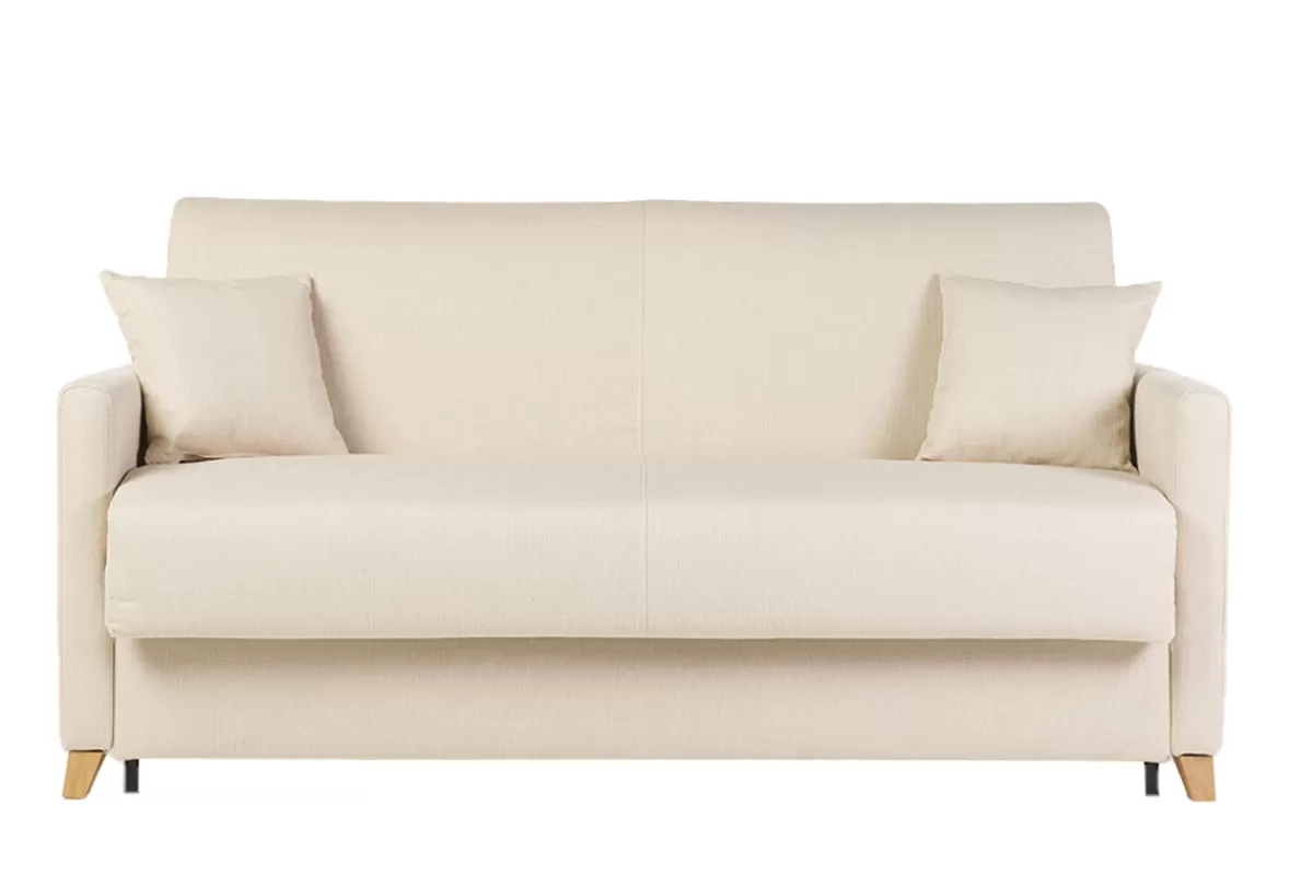 Miliboo Sofá Cama-Sofá cama 3 plazas nórdico beige y madera clara con colchón de 18 cm SKANDY