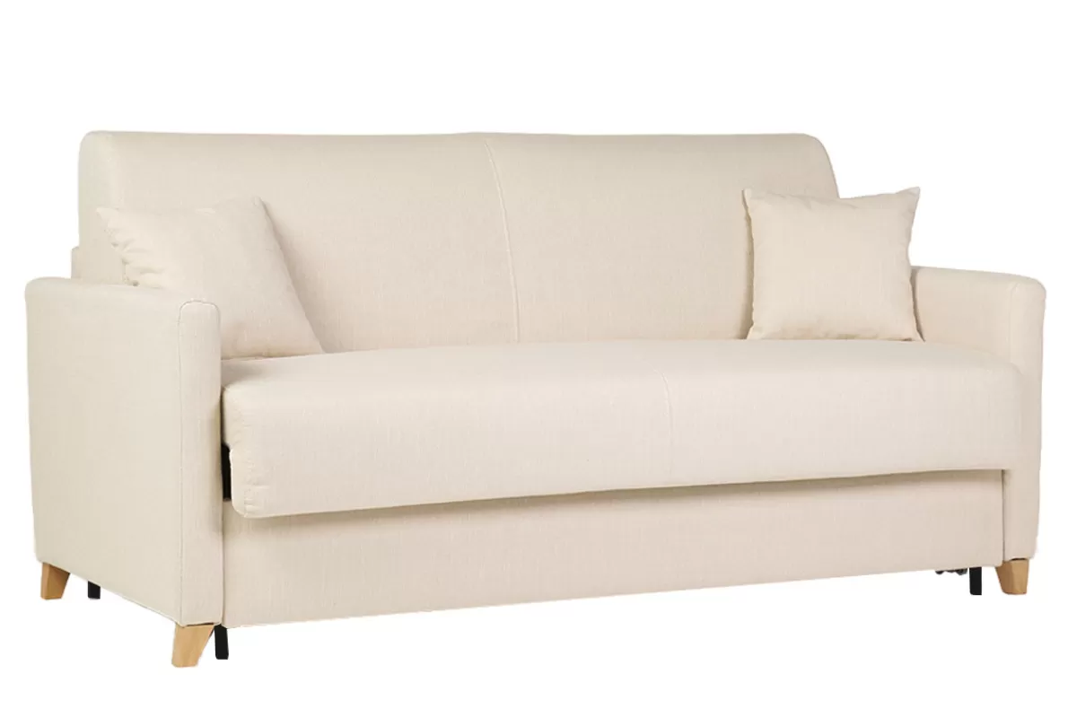 Miliboo Sofá Cama-Sofá cama 3 plazas nórdico beige y madera clara con colchón de 18 cm SKANDY