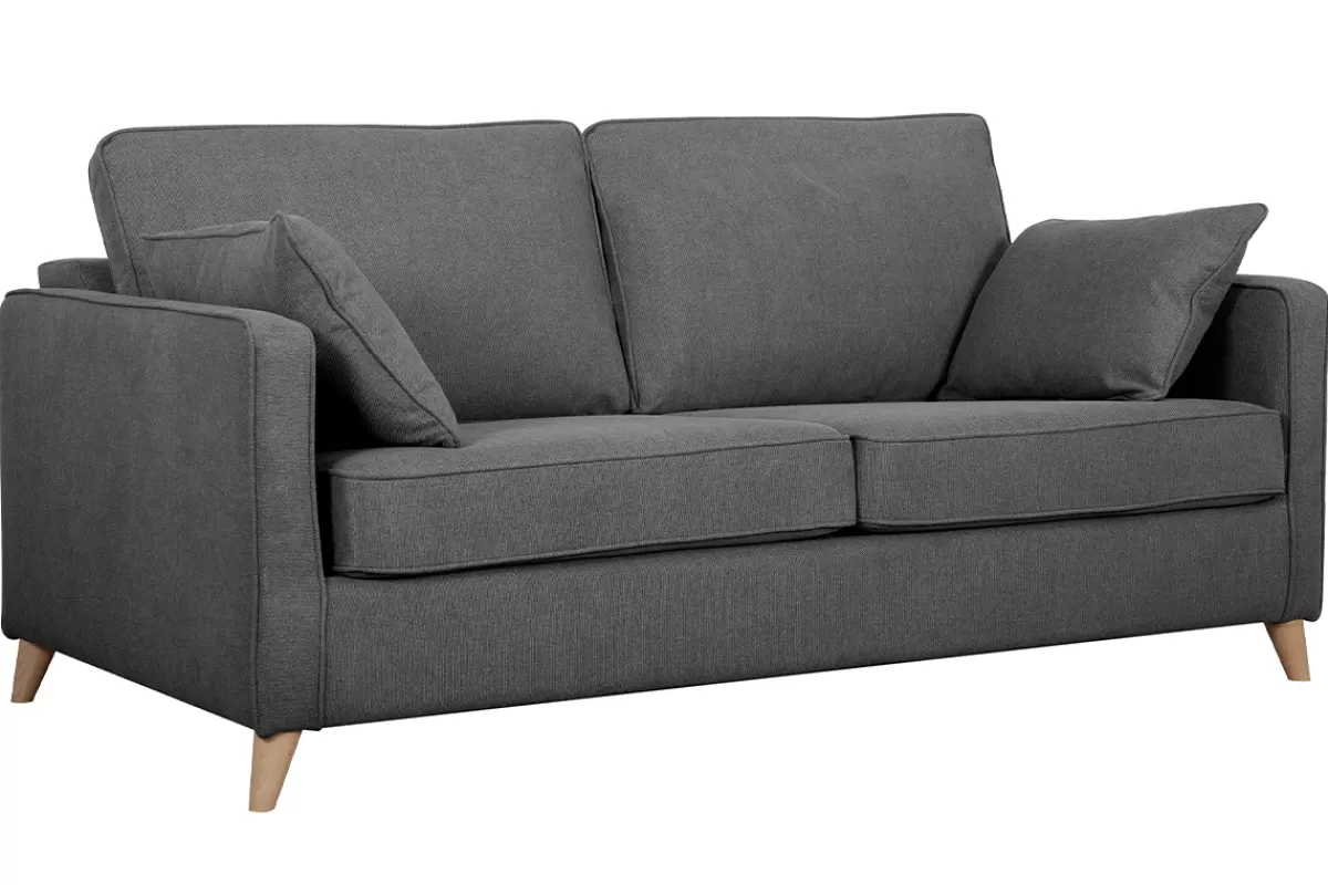 Miliboo Sofá Cama-Sofá cama 3 plazas nórdico de tela gris antracita y madera clara con colchón de 10 cm PAPEL