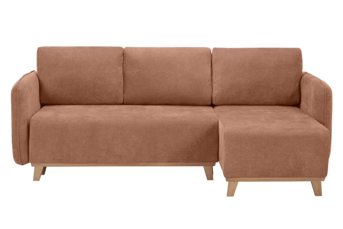Miliboo Sofá Esquinero-Sofá cama chaise longue reversible 3-4 plazas de tejido efecto aterciopelado terracota y madera clara ROMANE