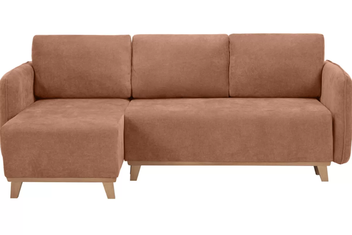 Miliboo Sofá Esquinero-Sofá cama chaise longue reversible 3-4 plazas de tejido efecto aterciopelado terracota y madera clara ROMANE