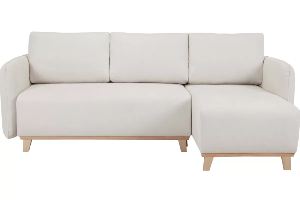 Miliboo Sofá Cama | Sofá Esquinero-Sofá cama chaise longue reversible 3-4 plazas de tejido efecto aterciopelado texturizado beige y madera clara ROMANE